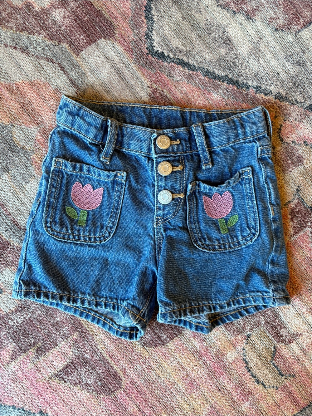 Old Navy Girls Denim Shorts with Pink Tulip Pocket Embroidery